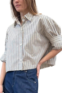 Next Ex Shirt in Dancing Striped Cotton Shirting Ivory Cilantro