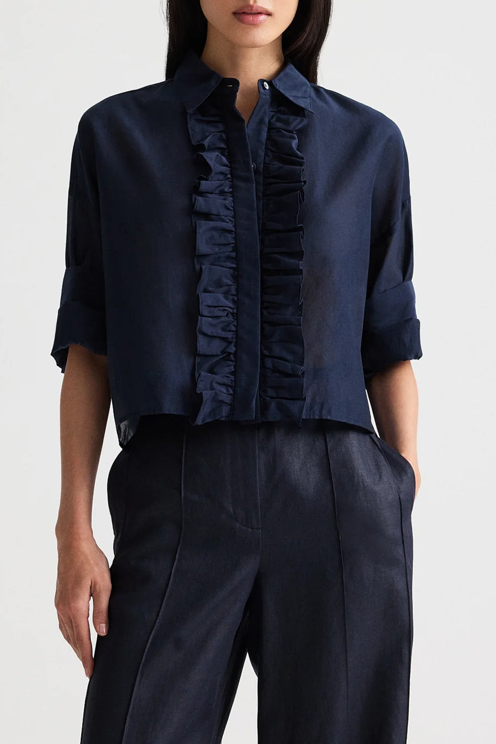 Next Ex Shirt with Ruffle in Cotton Silk Organza Midnight