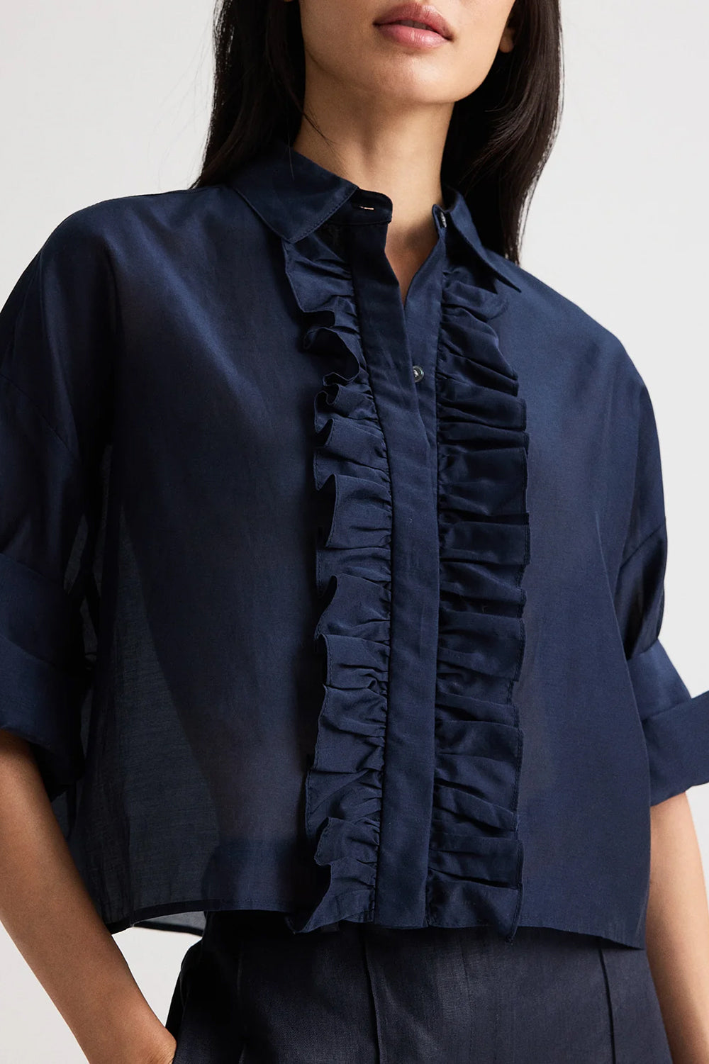 Next Ex Shirt with Ruffle in Cotton Silk Organza Midnight