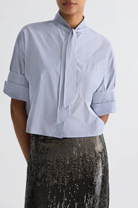 Next Ex Shirt with Tie in in Baroness Stripe Cotton Indigo and White