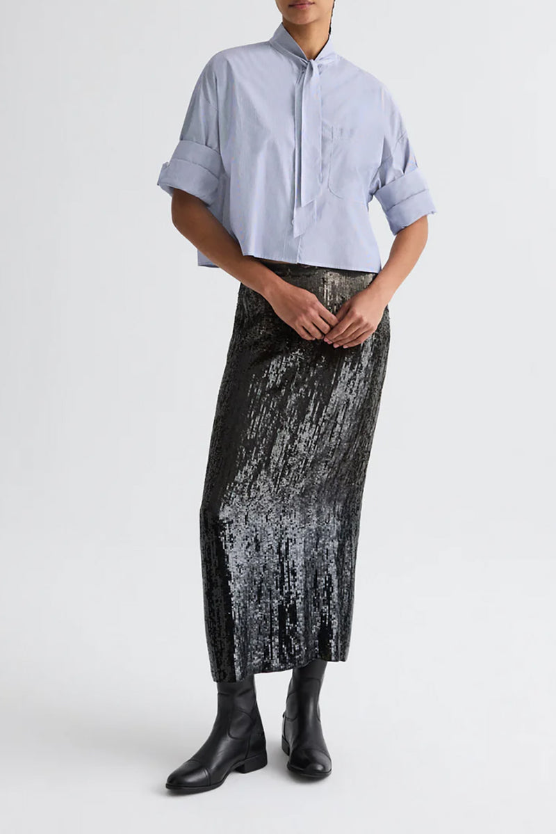 Next Ex Shirt with Tie in in Baroness Stripe Cotton Indigo and White