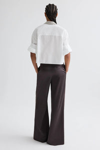 Taite Pant in Shiny Viscose Wool Satin in Chocolate Torte