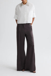 Taite Pant in Shiny Viscose Wool Satin in Chocolate Torte