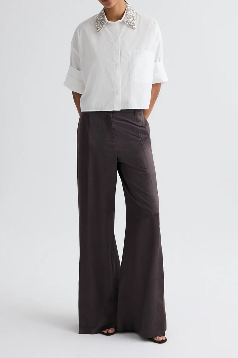 Taite Pant in Shiny Viscose Wool Satin in Chocolate Torte