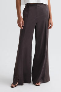 Taite Pant in Shiny Viscose Wool Satin in Chocolate Torte