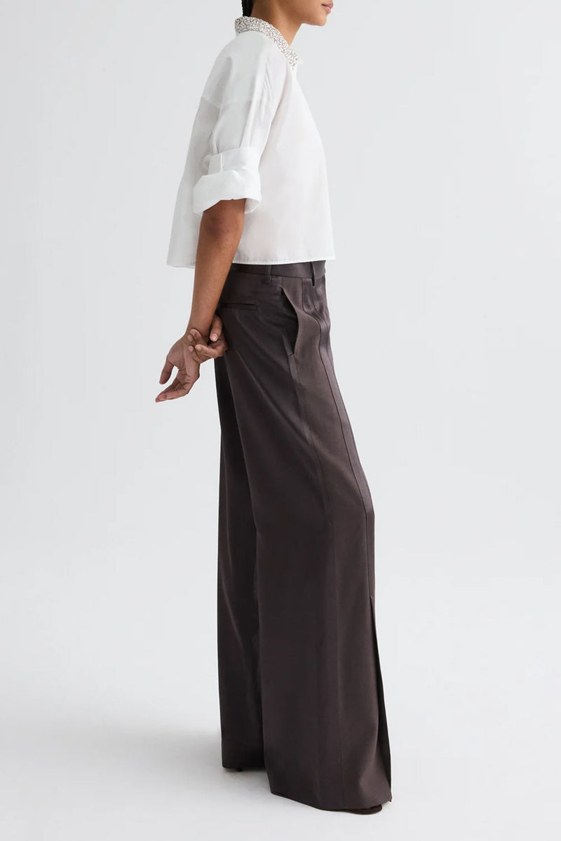 Taite Pant in Shiny Viscose Wool Satin in Chocolate Torte
