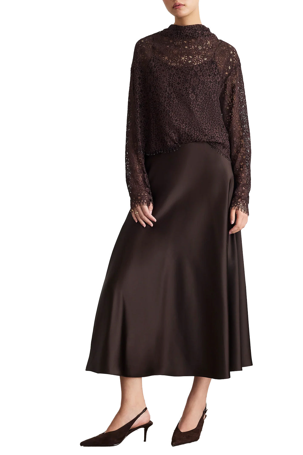Long Sleeve Adrien Lace Top in Dark Fig