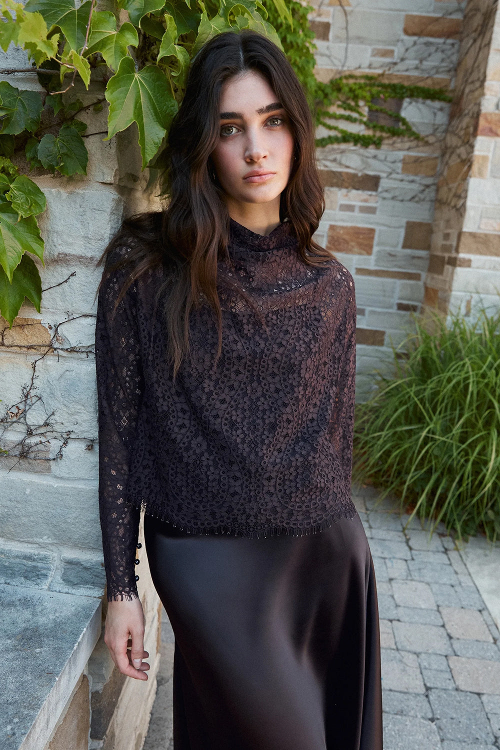 Long Sleeve Adrien Lace Top in Dark Fig