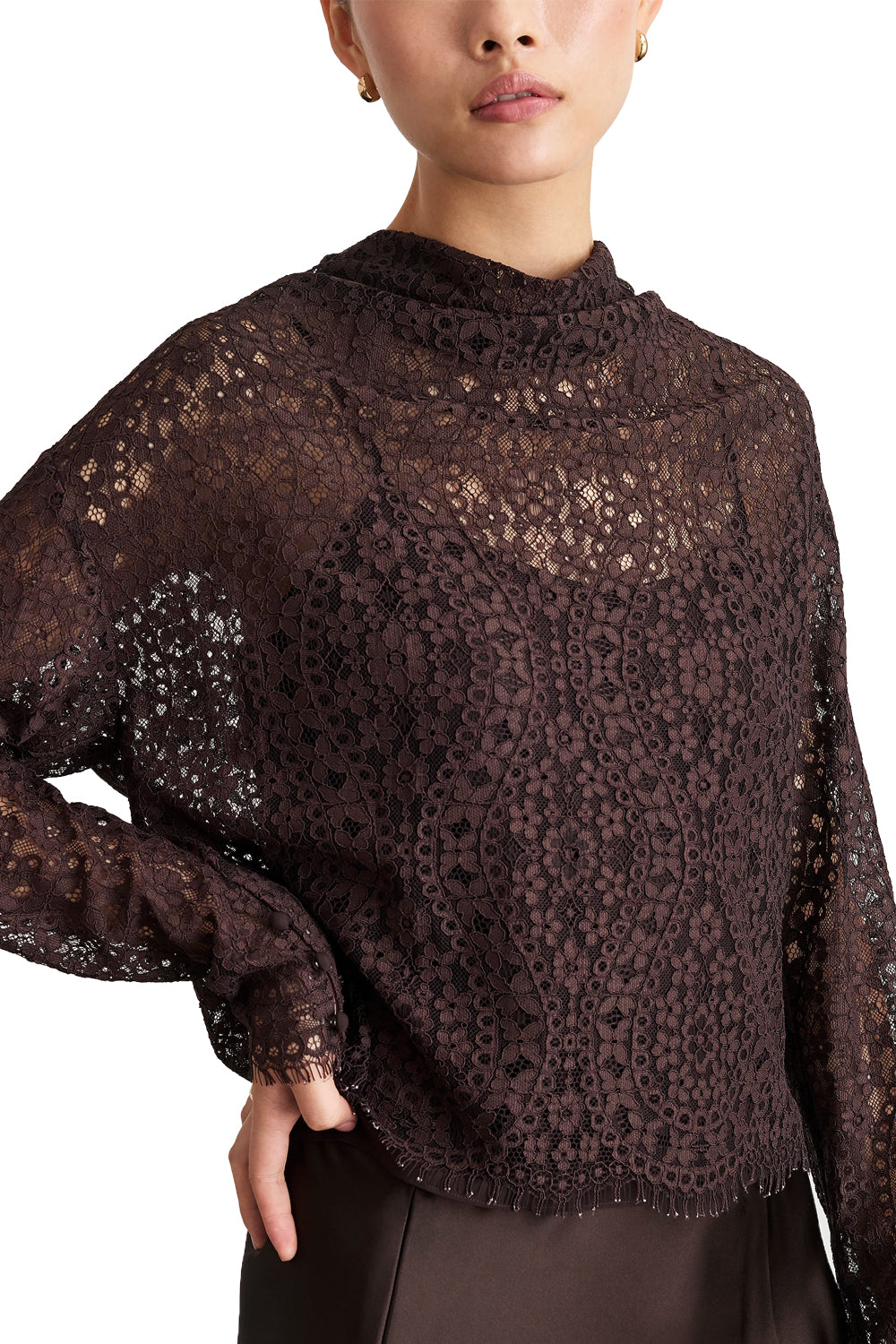 Long Sleeve Adrien Lace Top in Dark Fig