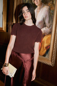 Dailey Cashmere Top with Lace in Deep Redwood