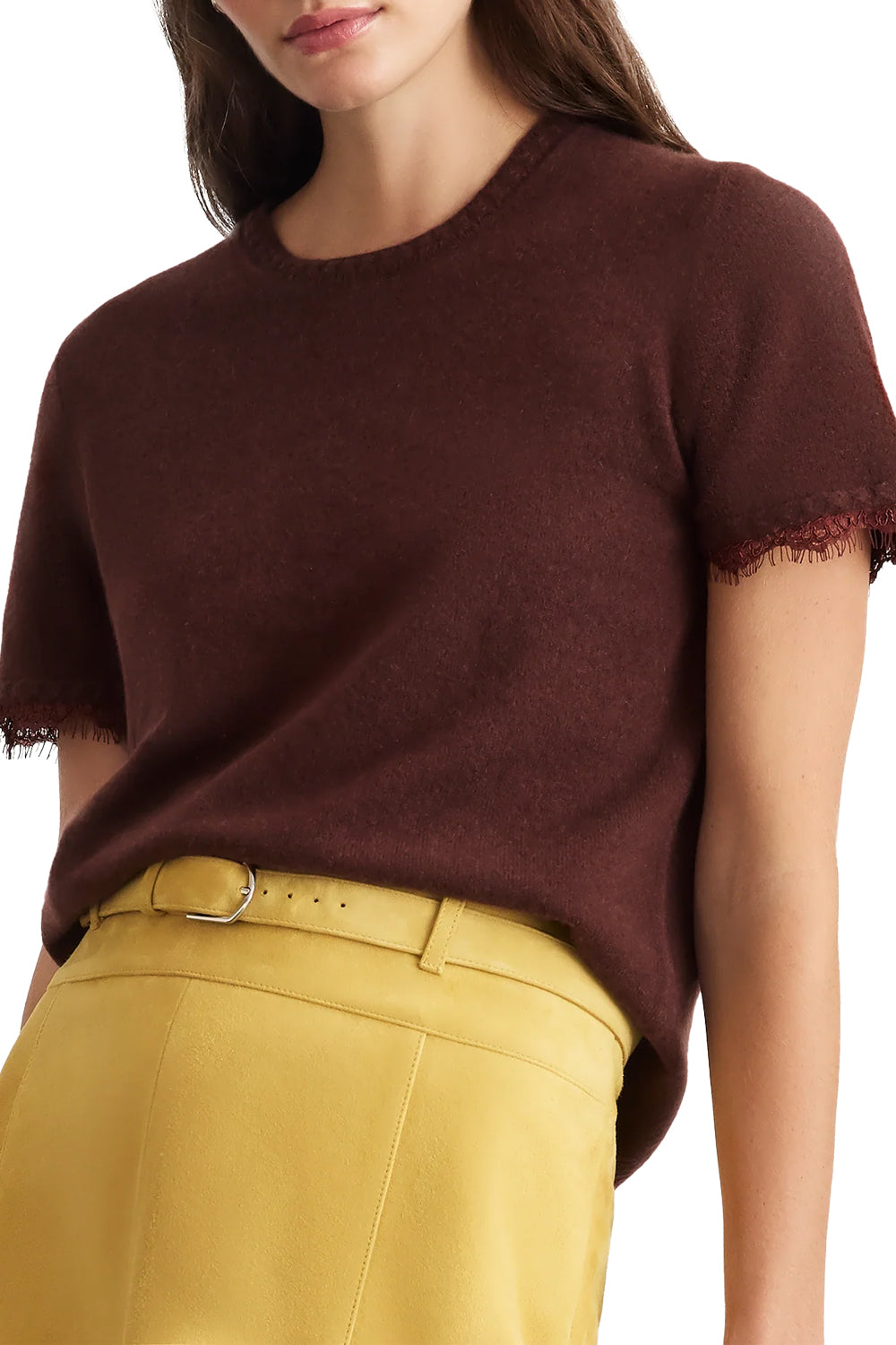 Dailey Cashmere Top with Lace in Deep Redwood