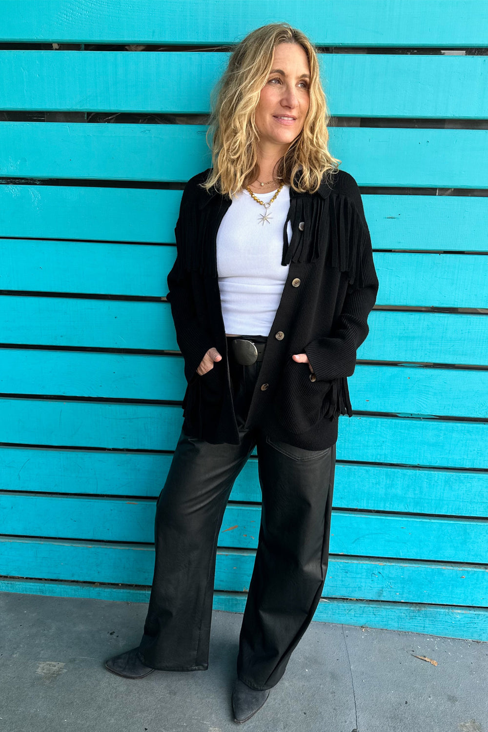 The Western Fringe Sweater Jacket in Black