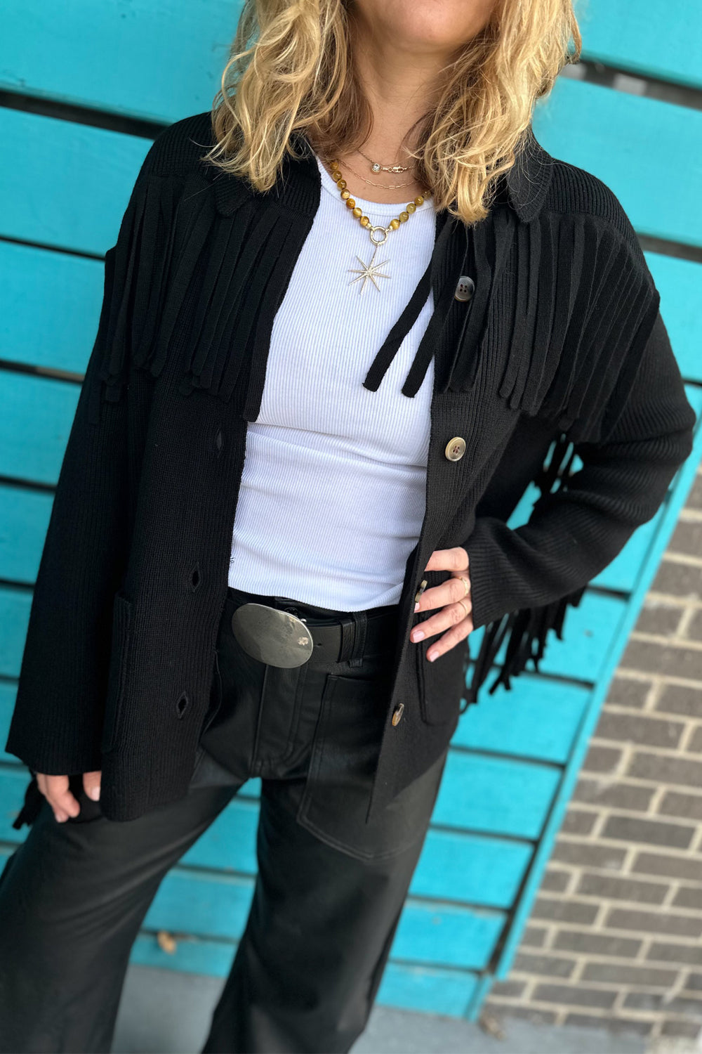 The Western Fringe Sweater Jacket in Black