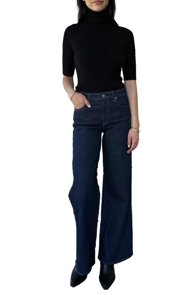 Cropped Elbow Sleeve Rib Turtleneck in Black