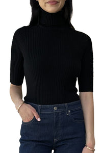 Cropped Elbow Sleeve Rib Turtleneck in Black