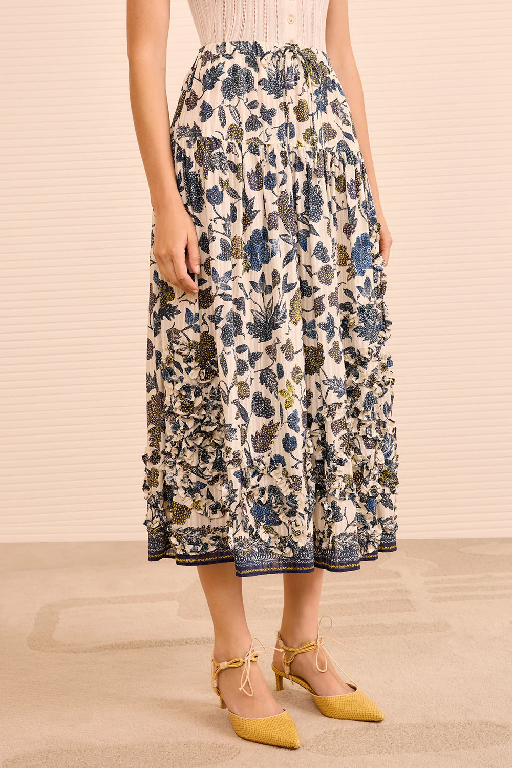 Alexandra Ruffled Cotton Midi Skirt in Porcelain