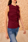 Clio Sleeveless Ruched Ruffle Top in Claret