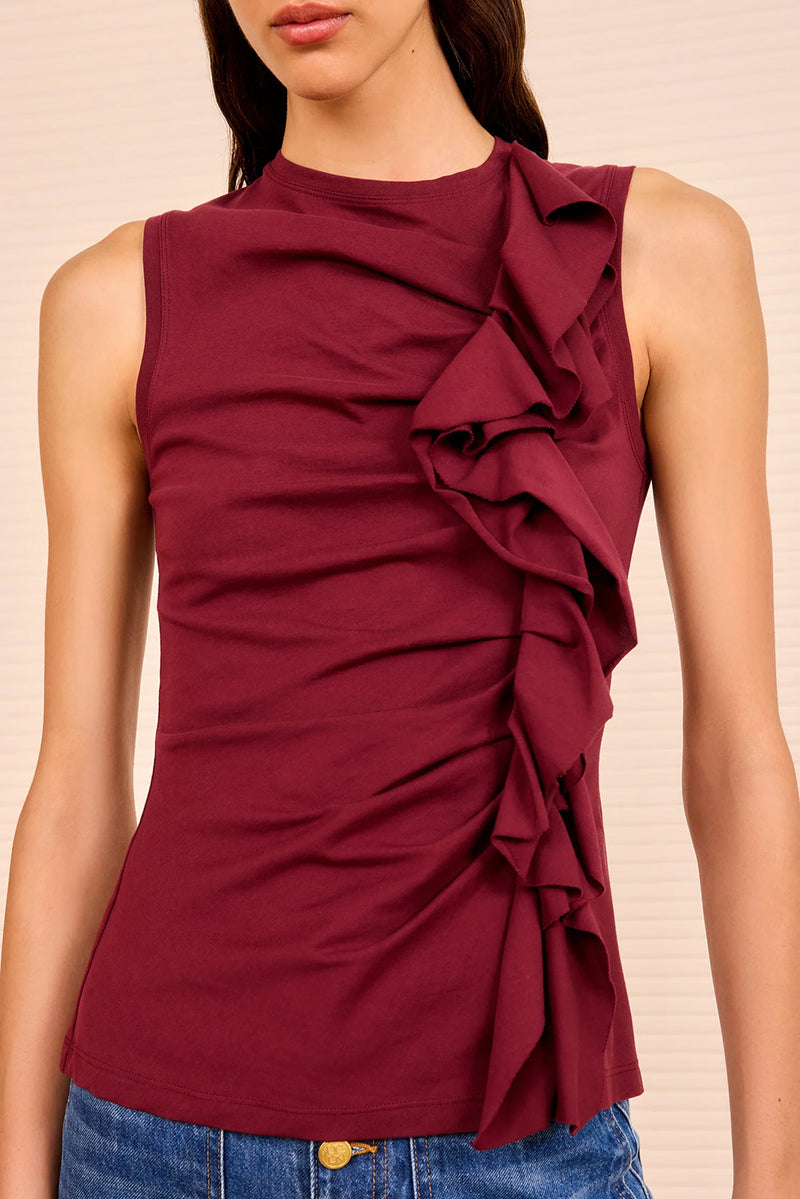 Clio Sleeveless Ruched Ruffle Top in Claret