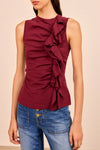 Clio Sleeveless Ruched Ruffle Top in Claret