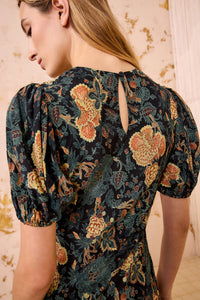 Ines Puff Sleeve Midi Dress in Nuit