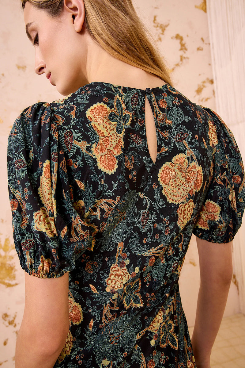 Ines Puff Sleeve Midi Dress in Nuit