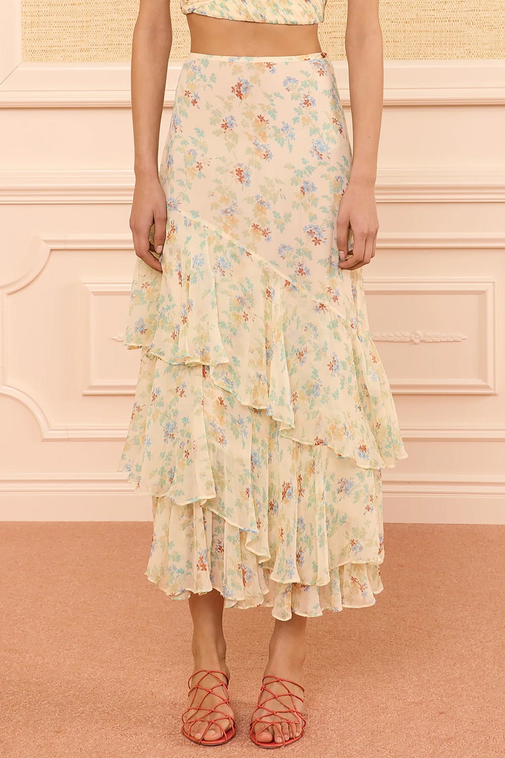 Meadow Silk Midi Skirt in Moon Petal