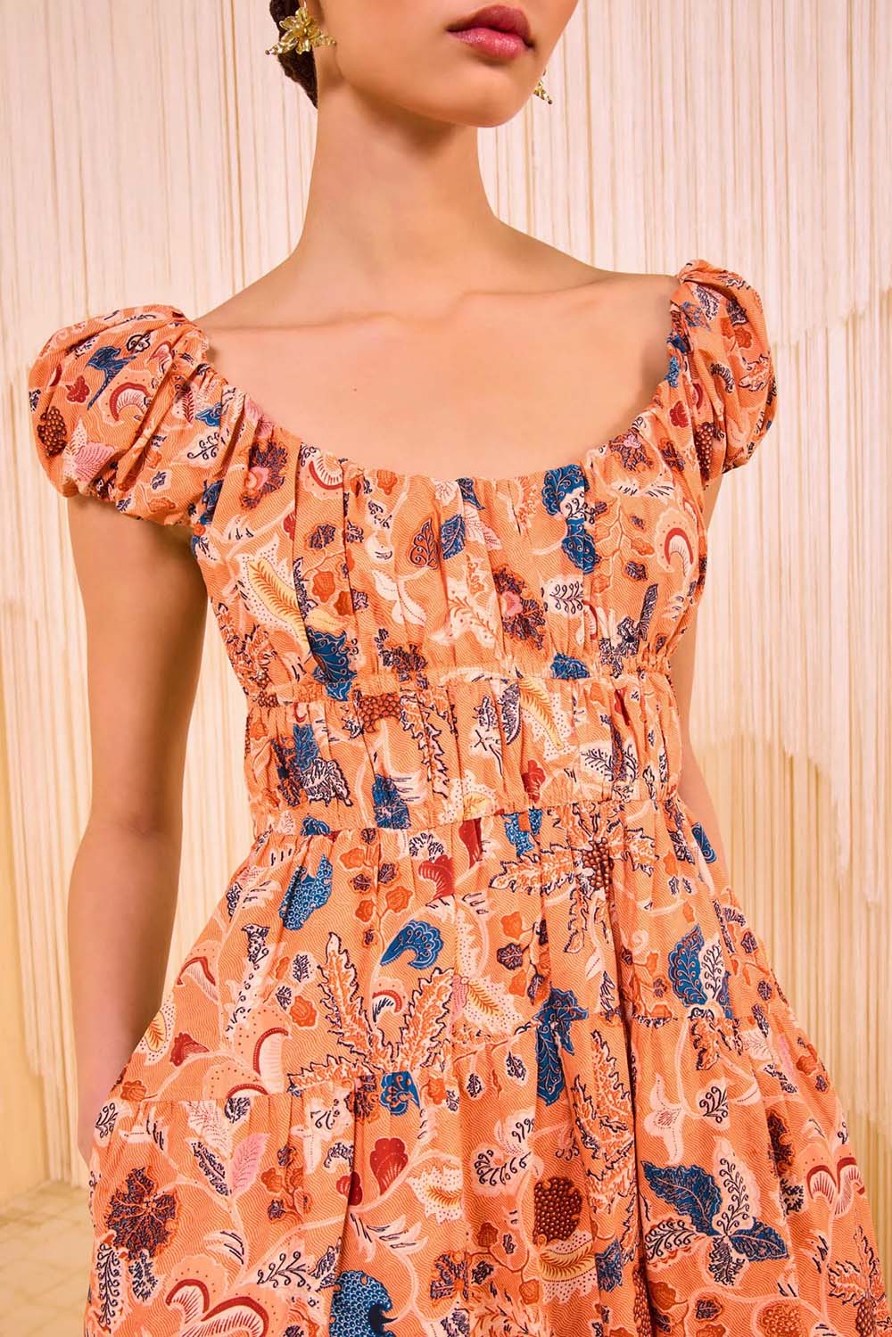 Paloma Cap Sleeve Midi Dress in Coral Peony