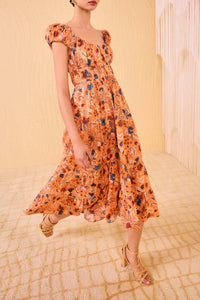 Paloma Cap Sleeve Midi Dress in Coral Peony