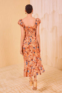 Paloma Cap Sleeve Midi Dress in Coral Peony