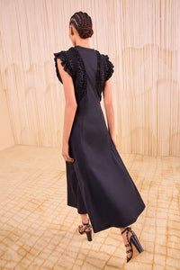 Shiva Sleeveless Ruffled Midi Dress in Noir