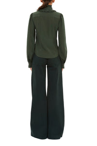 Catroux Silk Long Sleeve Button Front Blouse in Cypress