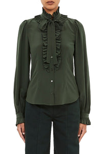 Catroux Silk Long Sleeve Button Front Blouse in Cypress
