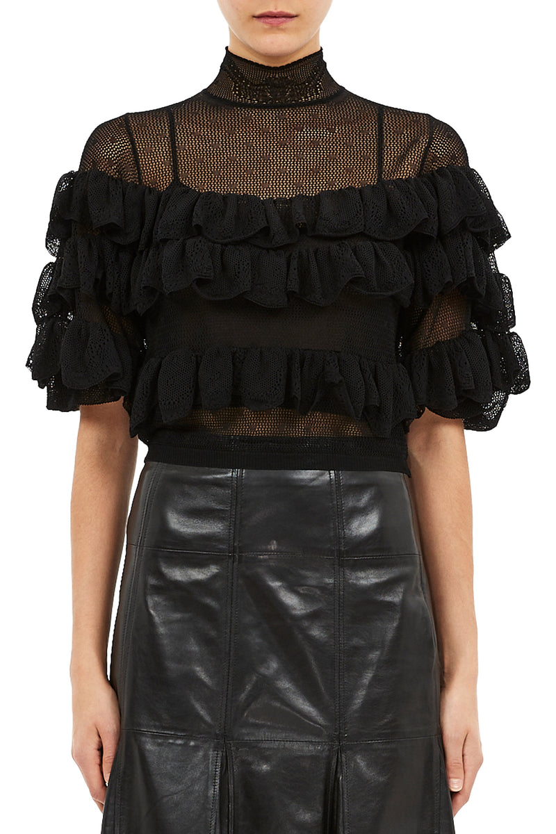 Corinna Mock Neck Tiered Ruffle Top in Noir