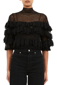 Corinna Mock Neck Tiered Ruffle Top in Noir