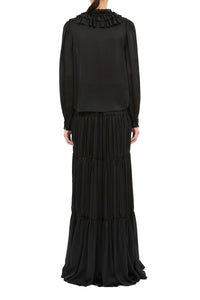 Rouen Silk Ruffle Front Long Sleeve Blouse in Noir