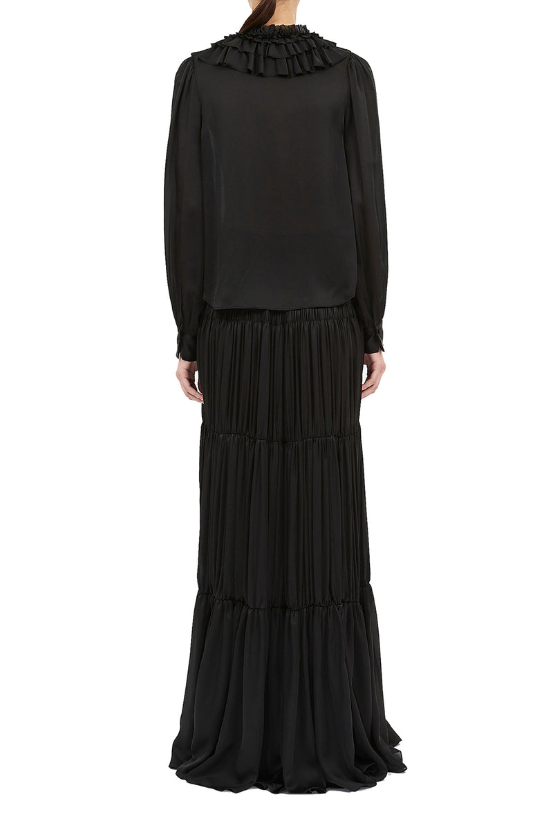 Rouen Silk Ruffle Front Long Sleeve Blouse in Noir