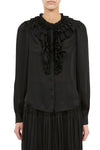 Rouen Silk Ruffle Front Long Sleeve Blouse in Noir