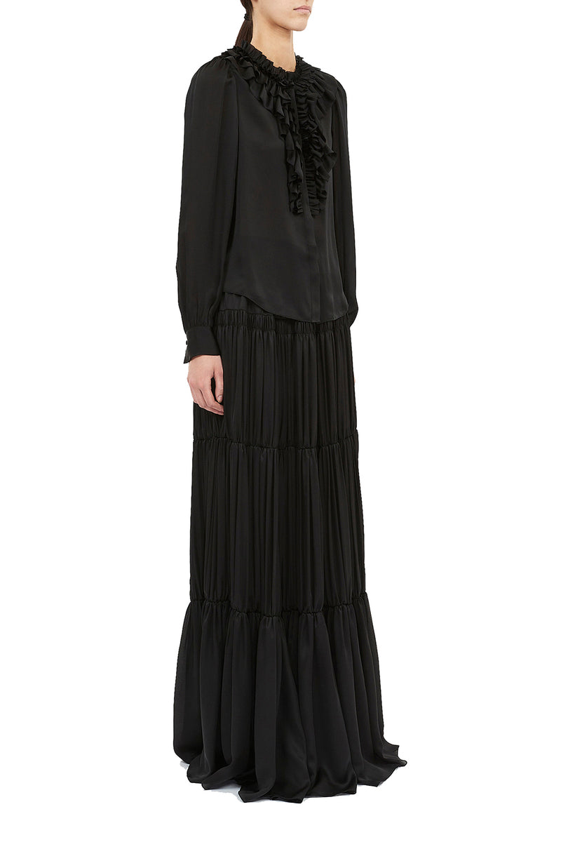 Rouen Silk Ruffle Front Long Sleeve Blouse in Noir