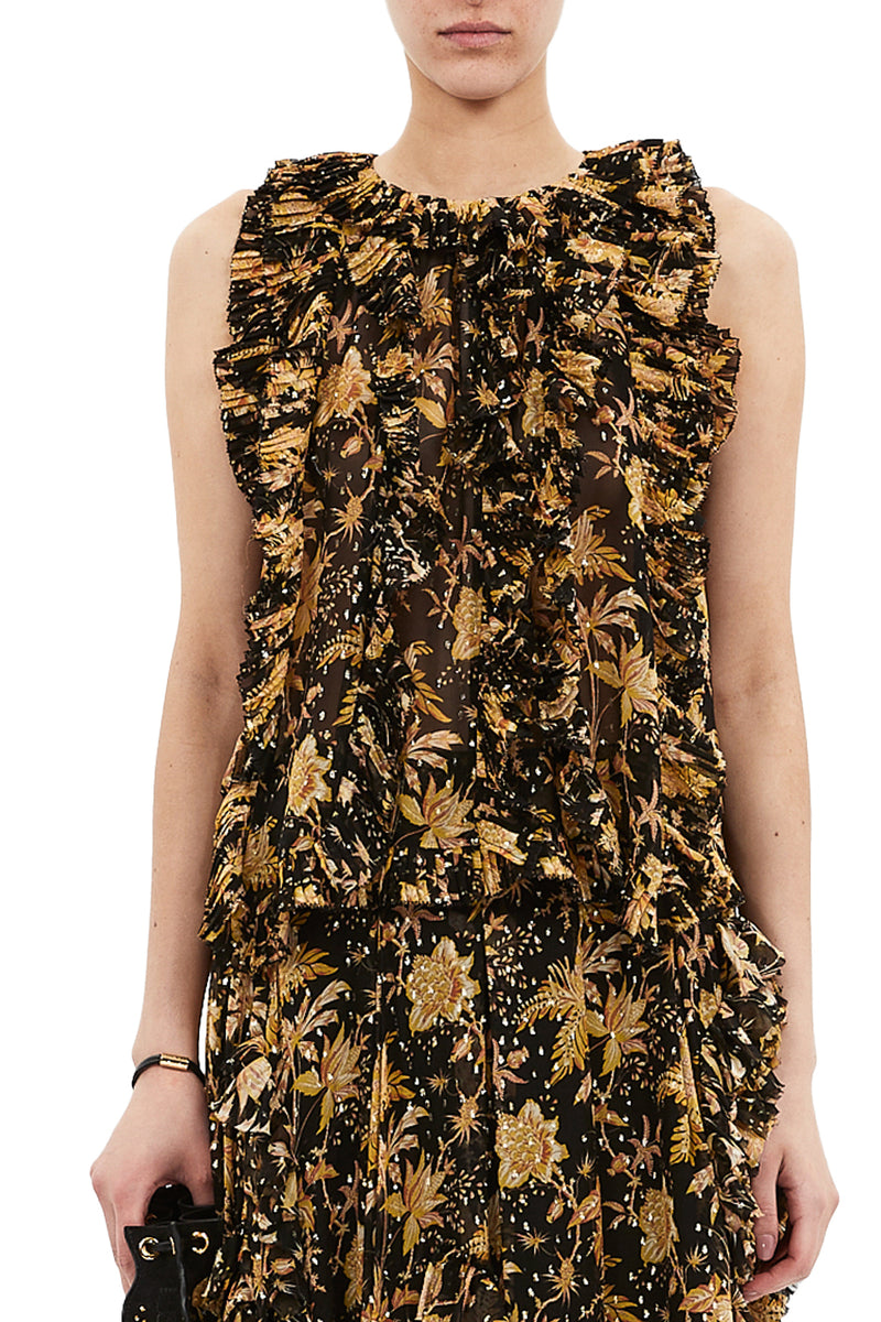 Sabra Sleeveless Cascading Ruffle Top in Forsythia