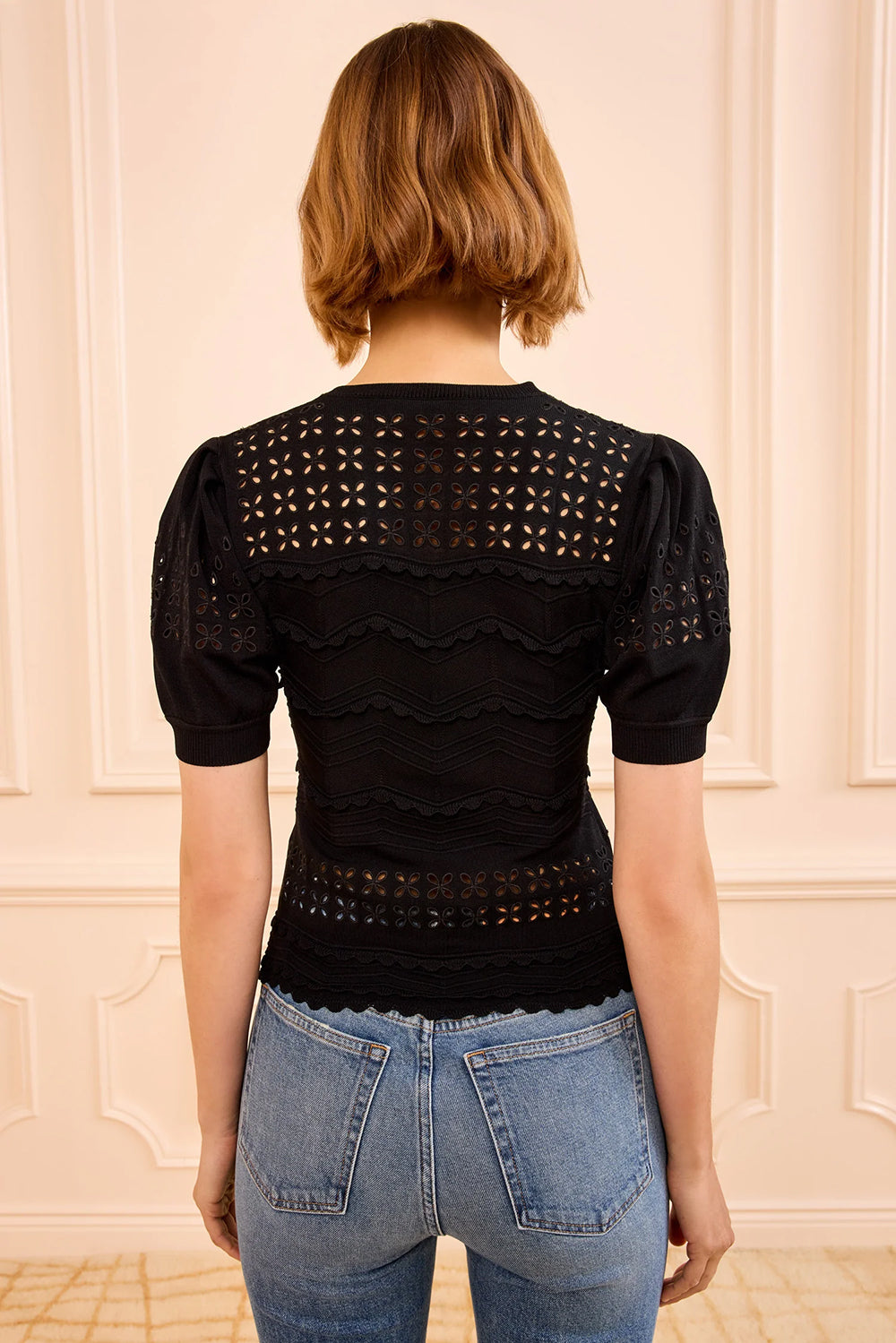 Marcelena Eyelet Knit Top in Noir