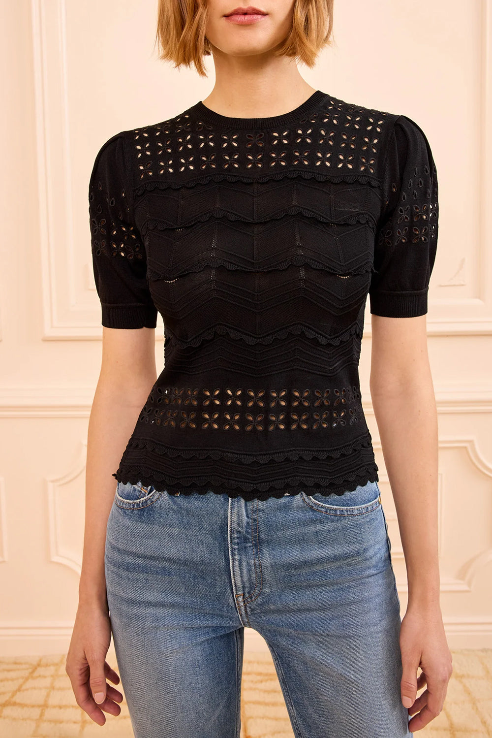 Marcelena Eyelet Knit Top in Noir
