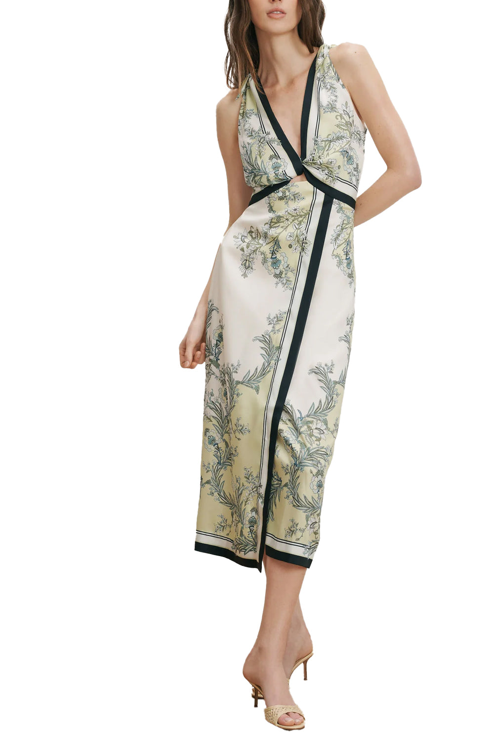 Kaliza Scarf-Print Midi Dress in Light Pistachio Multi