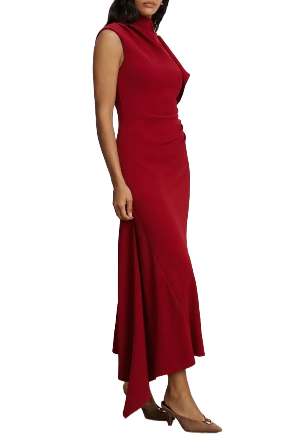 Brett Asymmetric Midi Dress in Cardinal Red