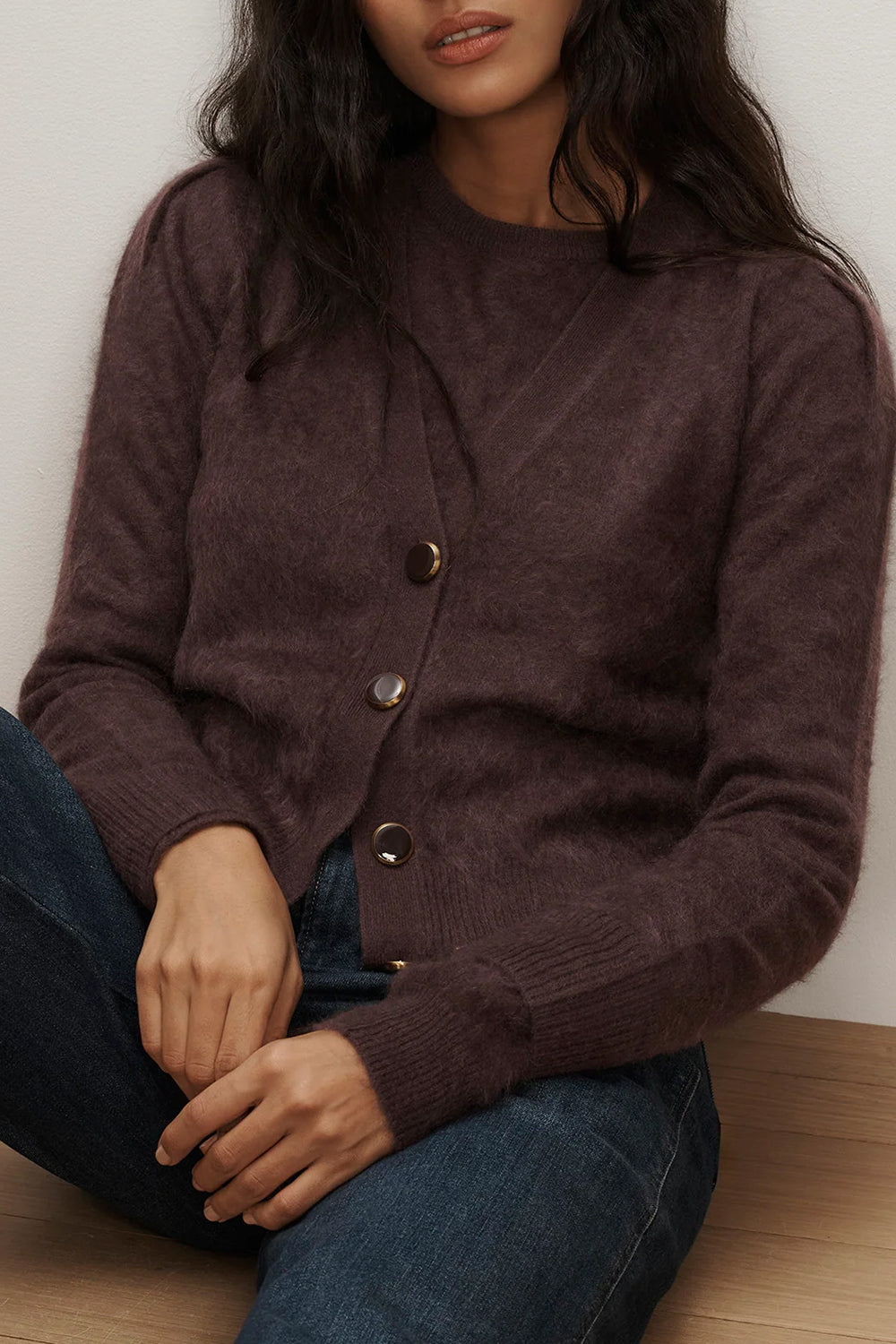 Solene Brushed Cashmere Cardigan in Espresso