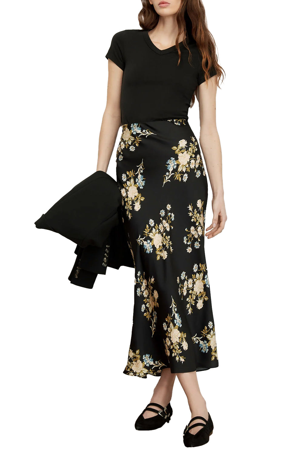 Clover Floral Midi Skirt in Black Multi