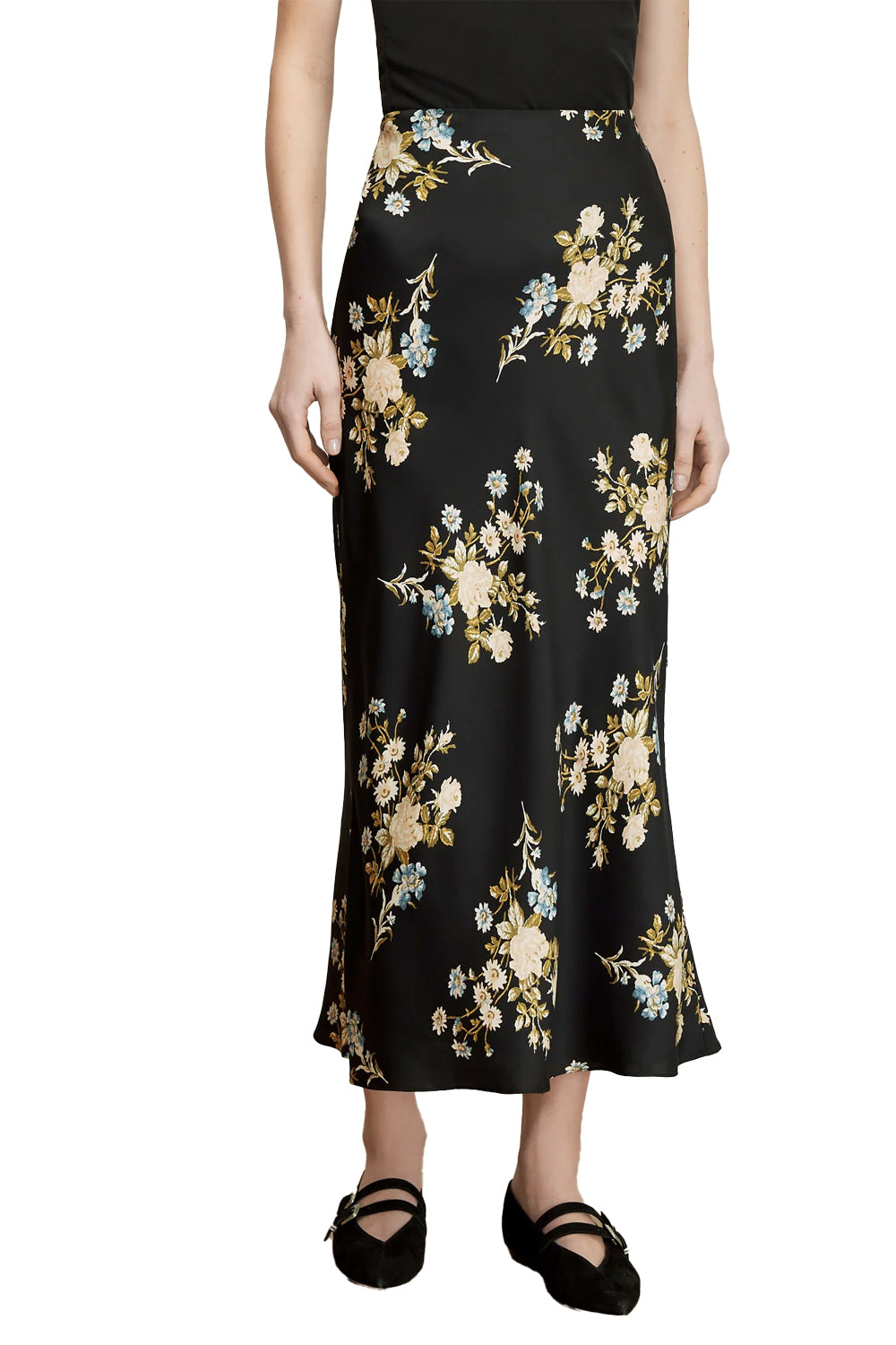 Clover Floral Midi Skirt in Black Multi