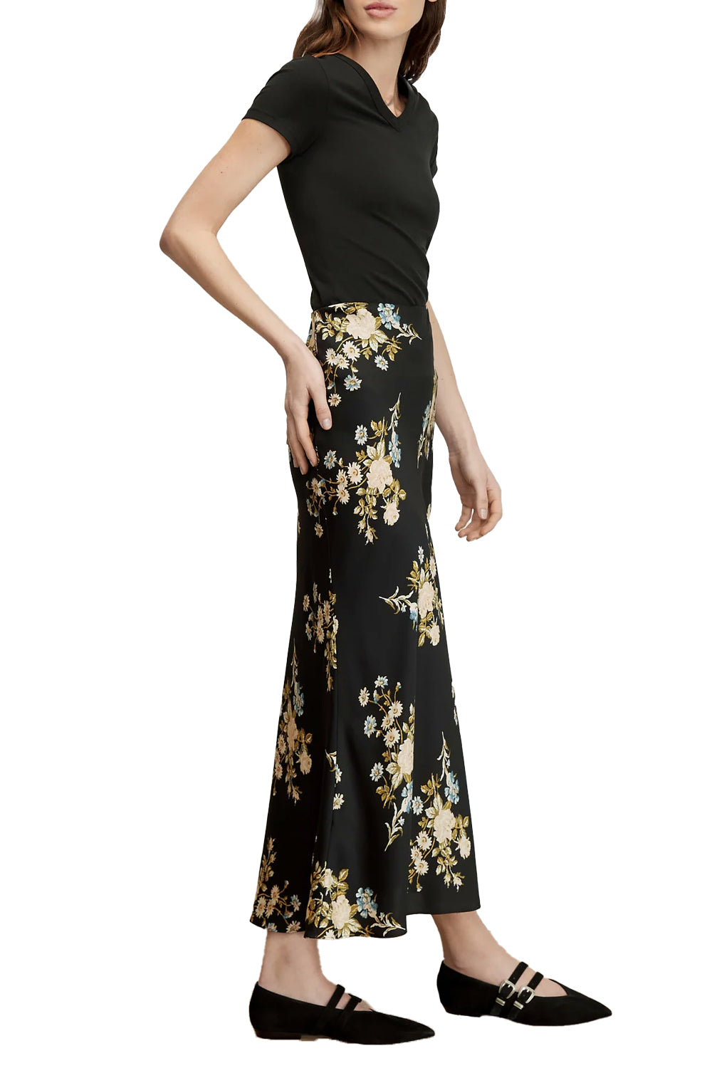 Clover Floral Midi Skirt in Black Multi