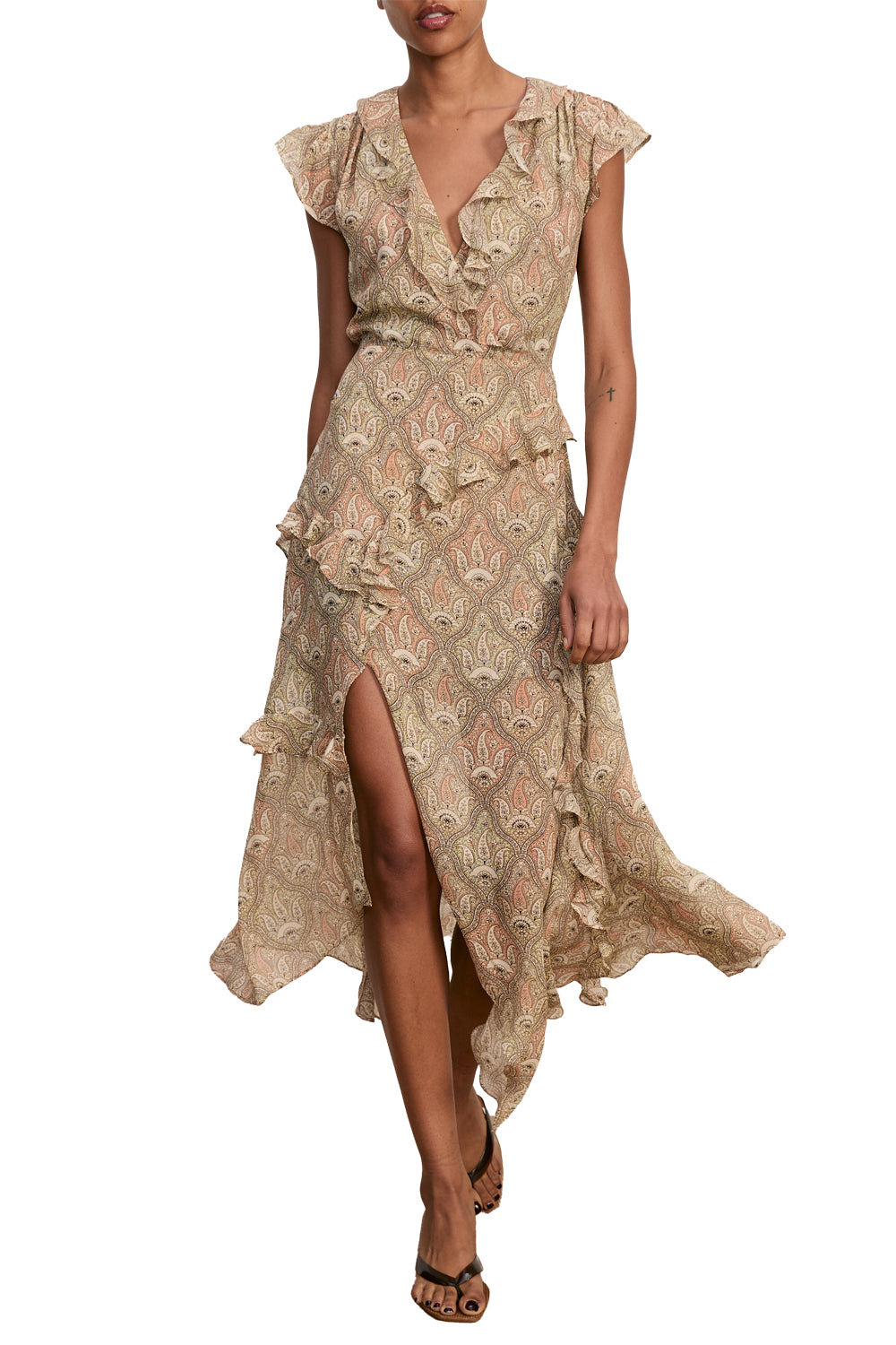 Cap Sleeve Avenel Dress in Stone Khaki Multi