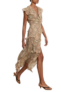 Cap Sleeve Avenel Dress in Stone Khaki Multi