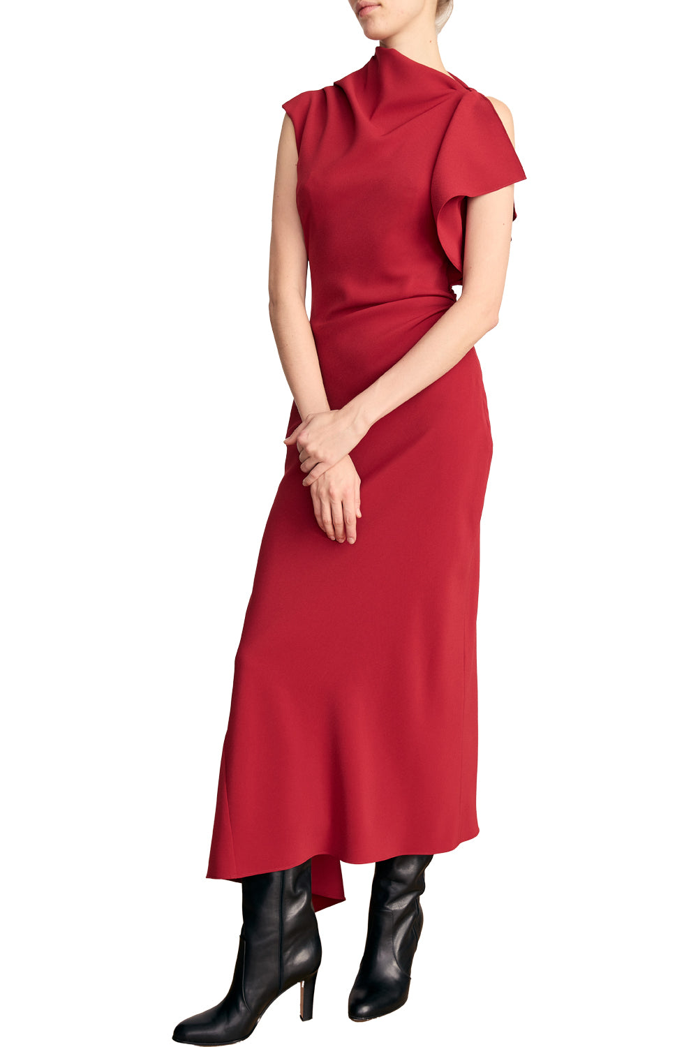 Brett Asymmetric Midi Dress in Cardinal Red